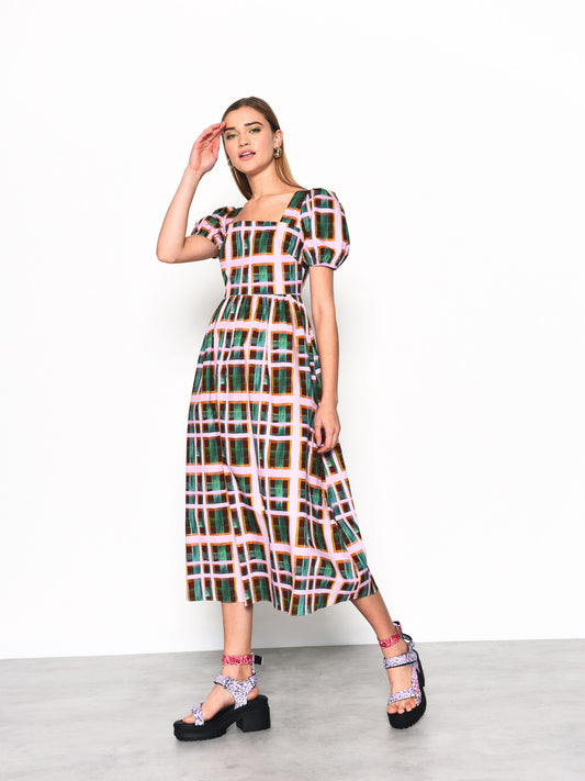 Green Orchid Check Puff Sleeve Midi Dress