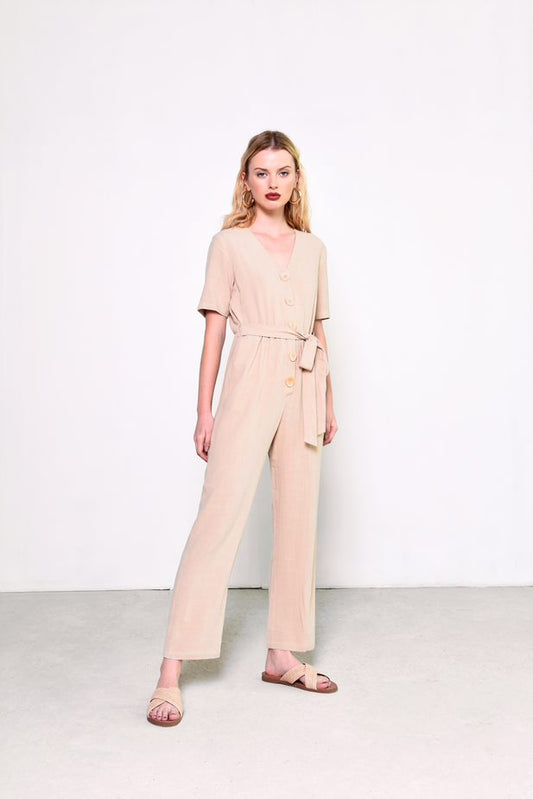 Glamorous V-Neck Button Up Jumpsuit in Light Stone
