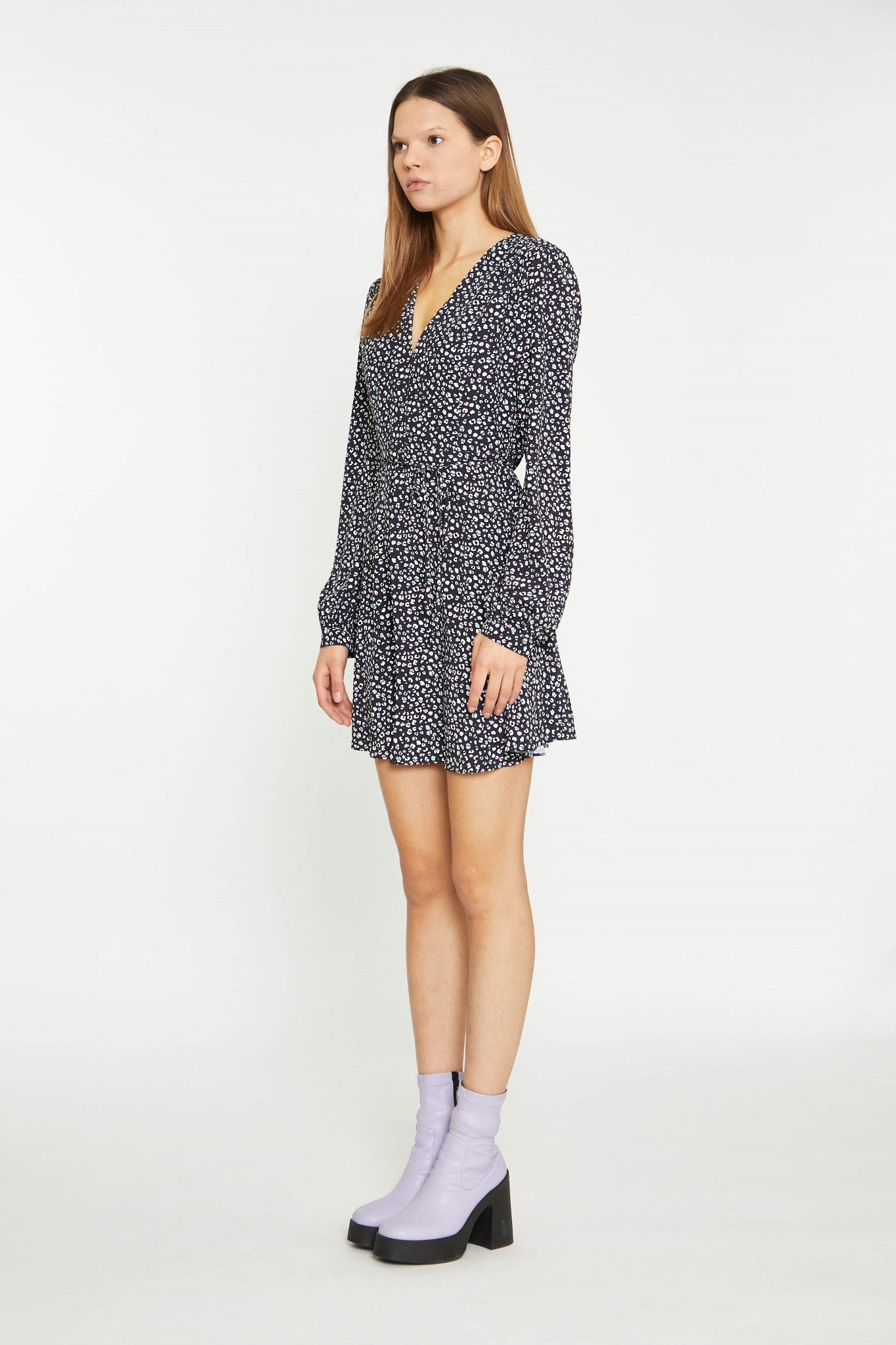 Black Multi-Leopard Long Sleeve Tie Front Mini-Dress