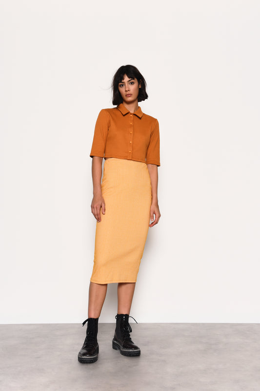 Glamorous Yellow Textured Flattering Cotton Blend Midi Skirt