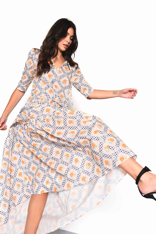 Glamorous Floral Cottage Gingham Tiered Maxi Dress with Frill Neck