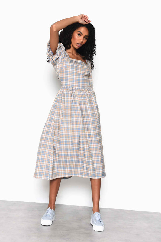 Glamorous Light Blue Multi Check Square Neck Puff Sleeve Midi Dress