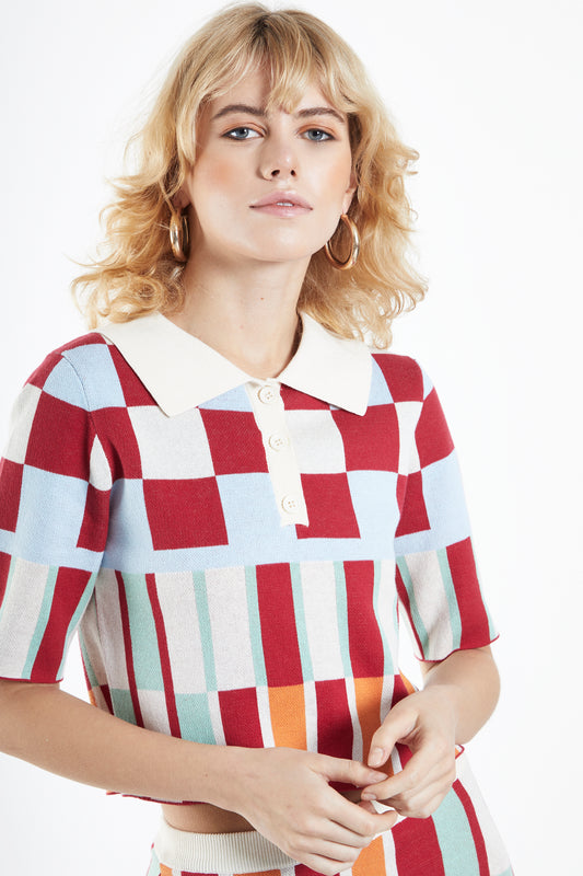 Glamorous Red Multi Graphic Knit Polo Neck Tee