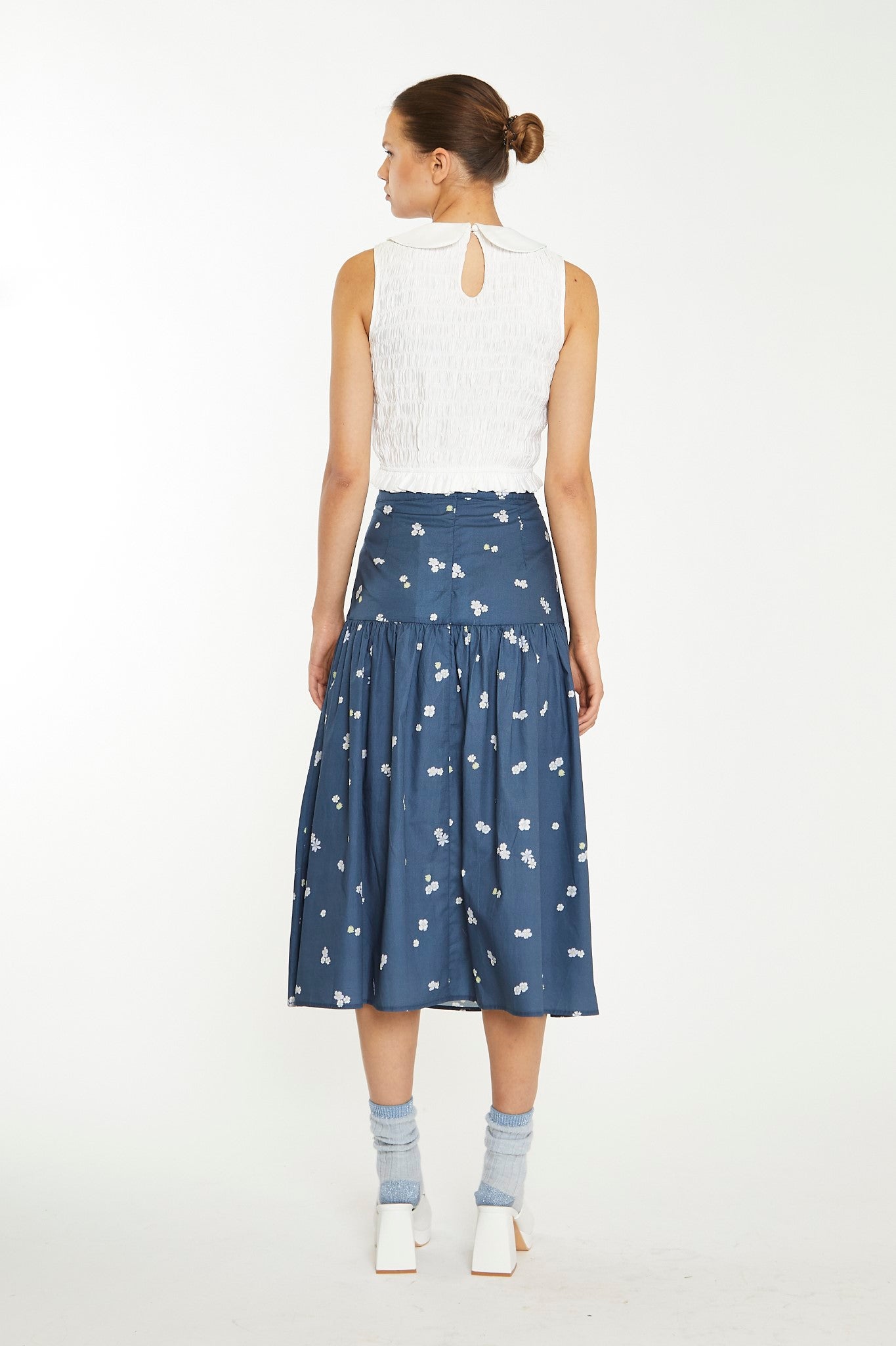 Off White Smocked Collar Crop-Top