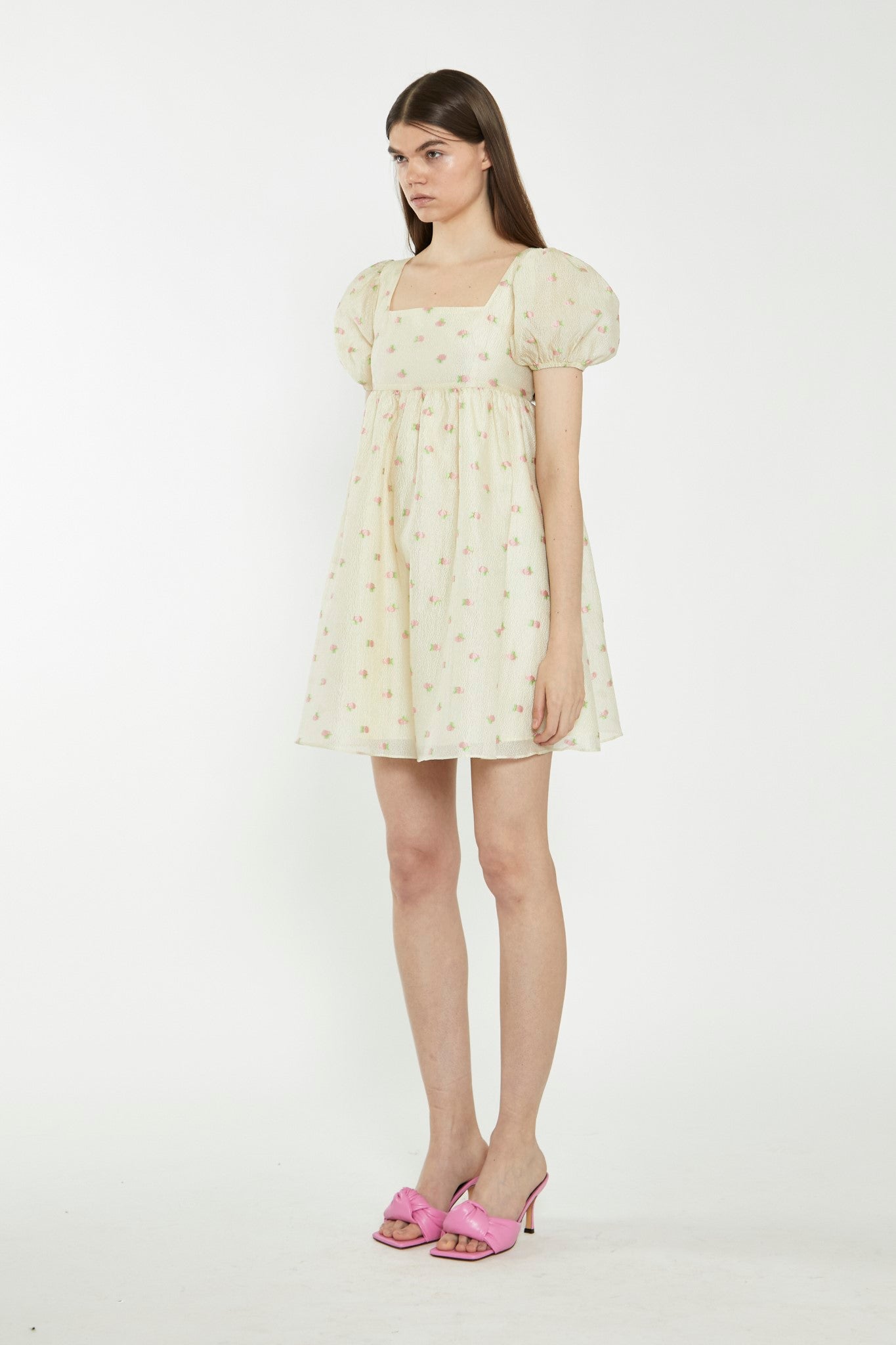 Yellow-Pink-Fruit-Organza Babydoll Mini Dress