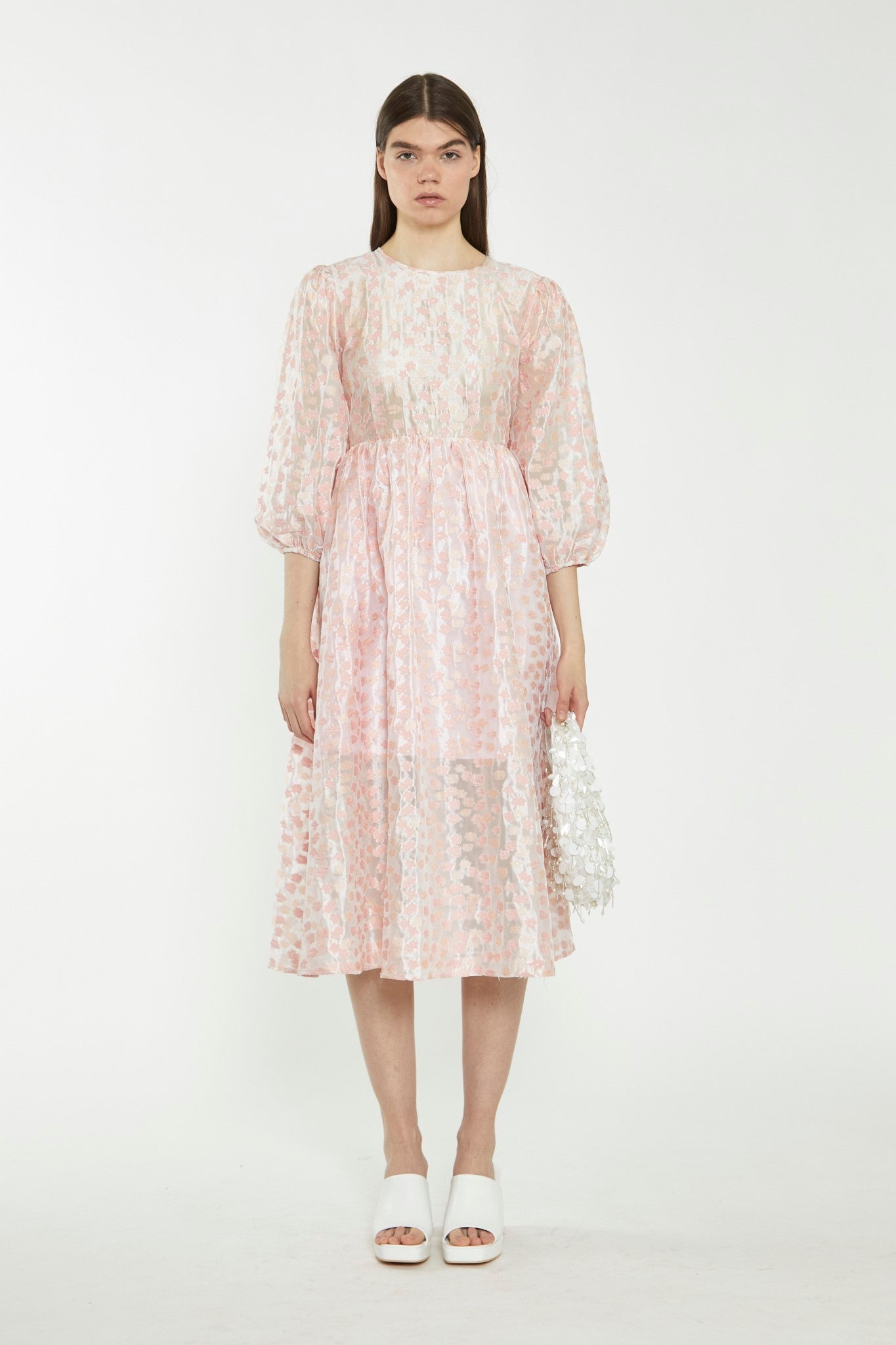 Pink Flower Organza Midi Dress