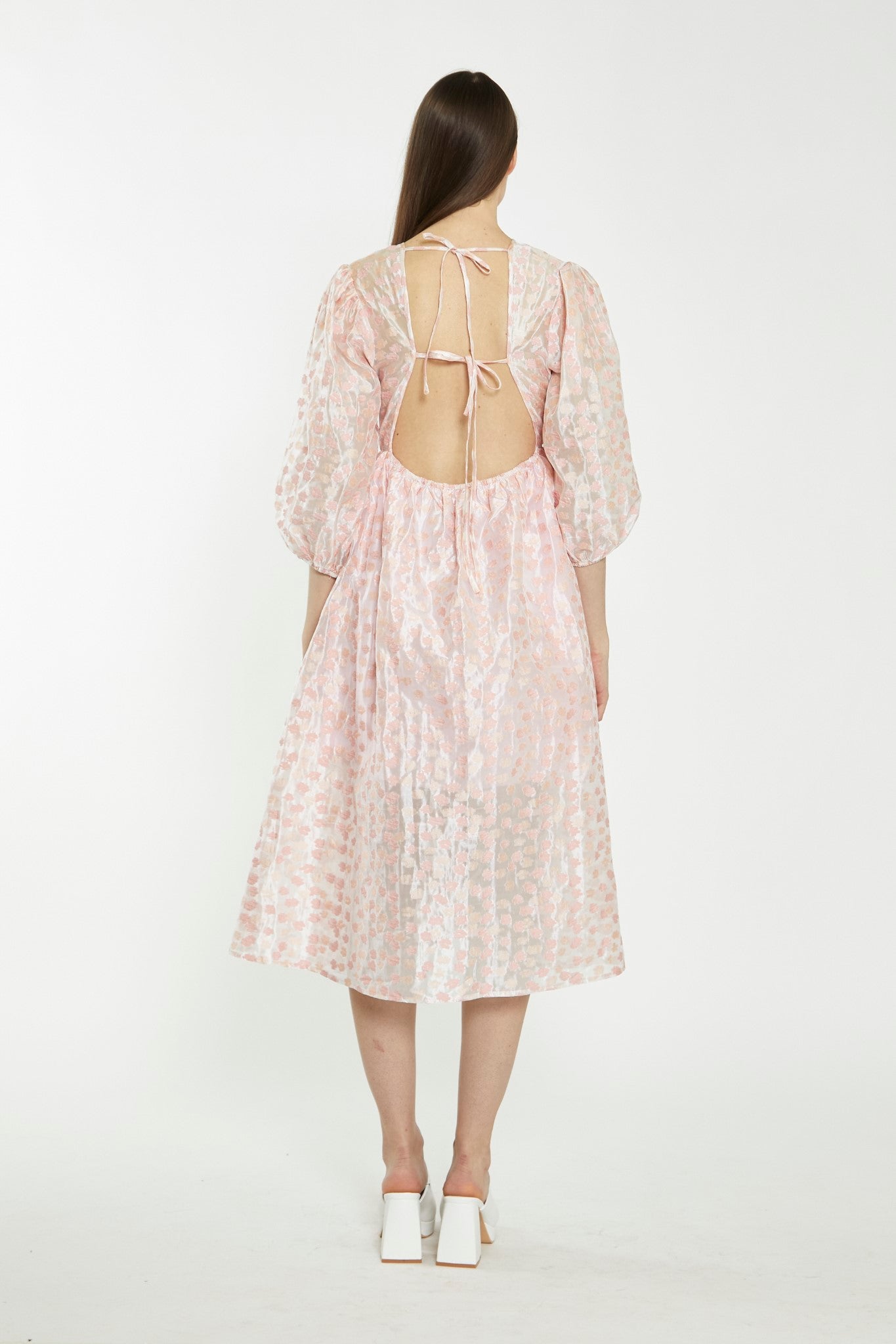 Pink Flower Organza Midi Dress