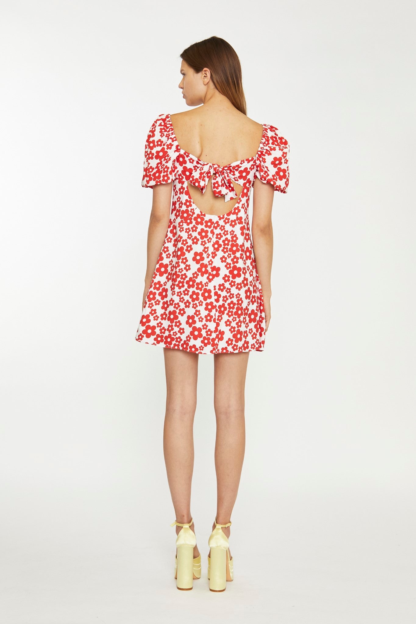 White-Red Flower Tie-Back Mini Dress