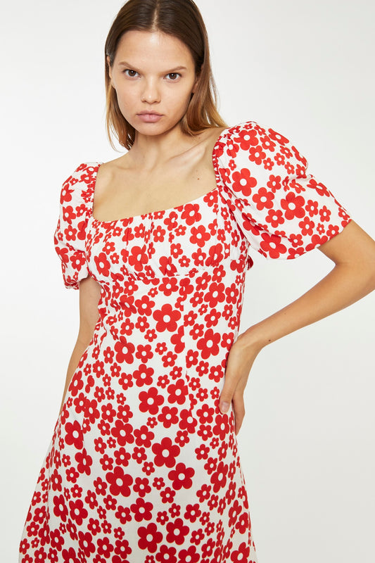 White-Red Flower Tie-Back Mini Dress