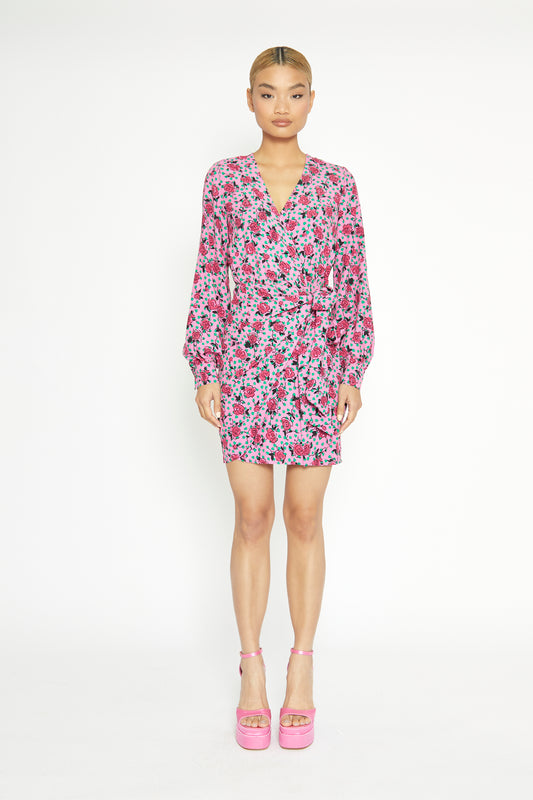 Glamorous Pink Multi Rose Mini Wrap Dress