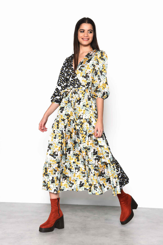 Glamorous Mono Mustard Floral Wrap Front Tiered Midaxi Dress
