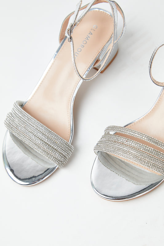 Glamorous Silver Low Block Heel Sandals