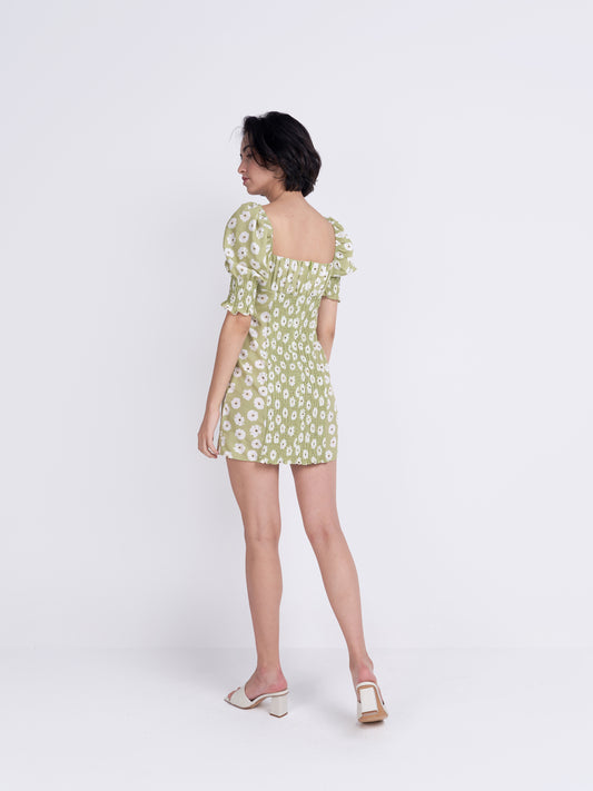 Glamorous Care Olive Green Flower Puff Sleeve Mini Dress