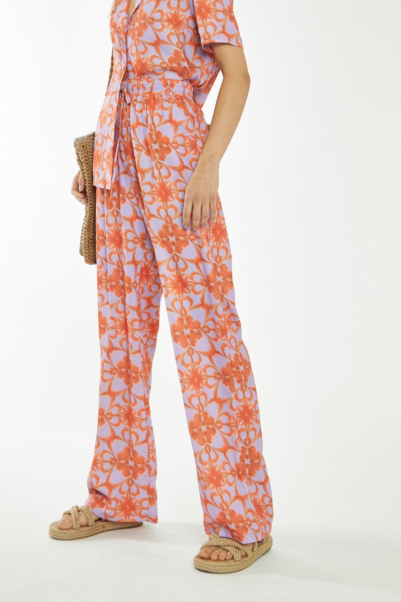 Lilac-Orange Tribal Print High-Waisted Trousers