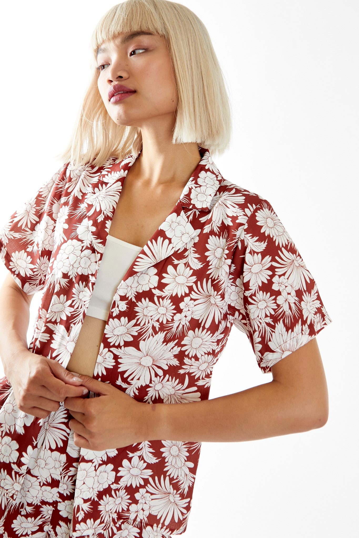 Brown Resort-Floral Loose Fit Collared -shirt