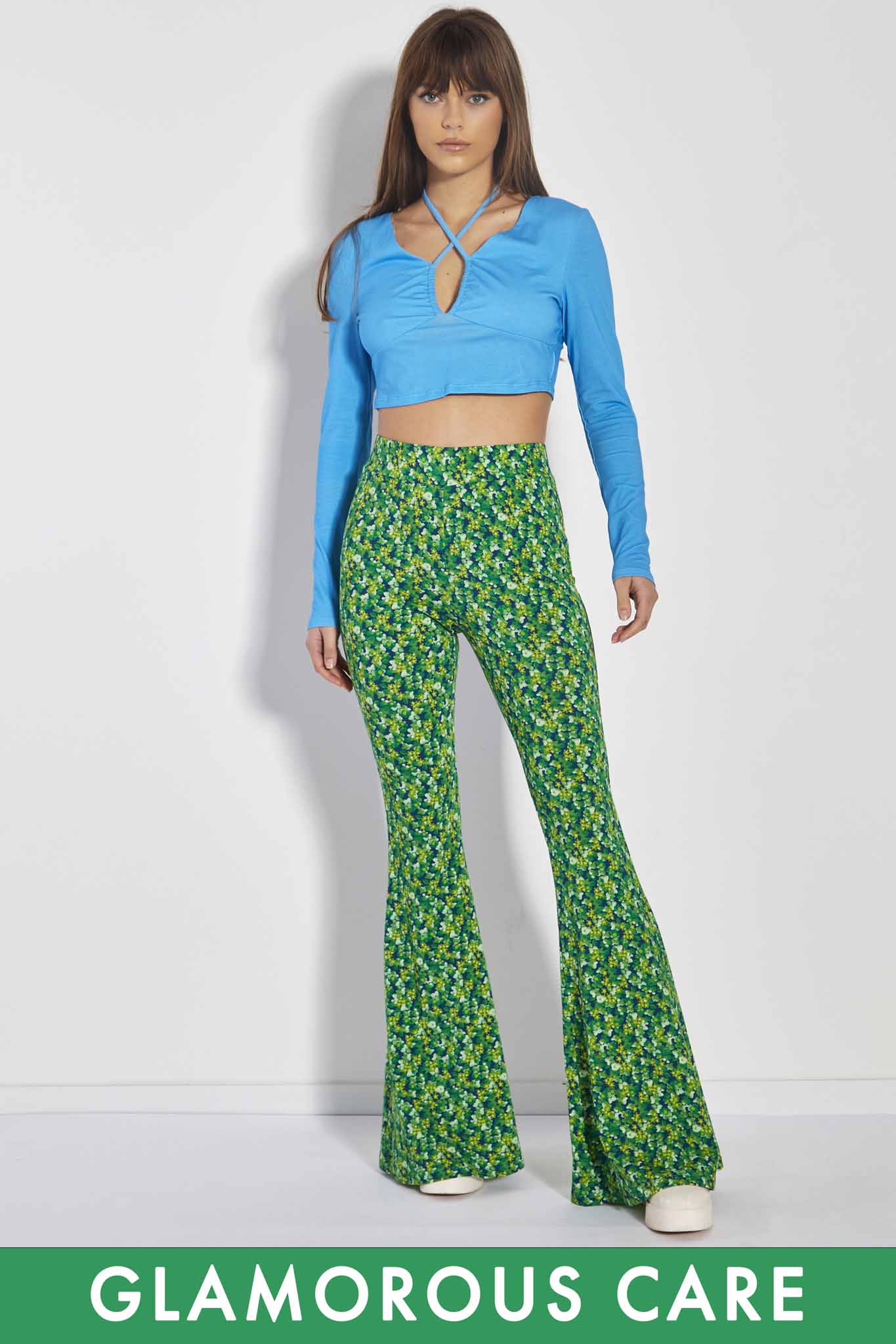 Glamorous Care Lime Blue Floral Skinny Fit Flared Trousers