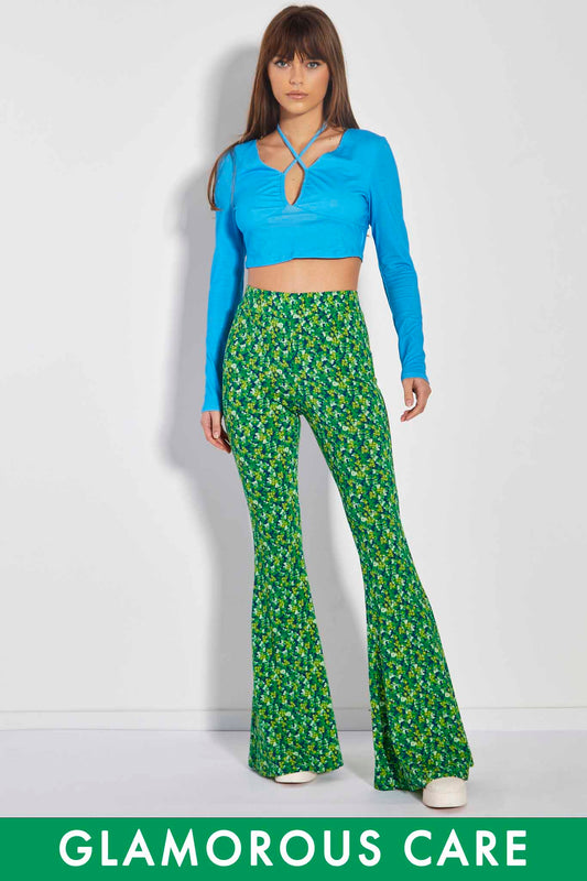 Glamorous Care Lime Blue Floral Skinny Fit Flared Trousers