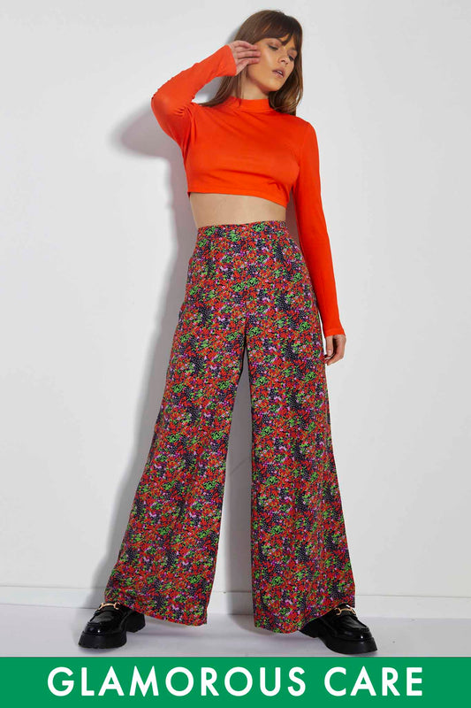 Glamorous Care Purple Orange Ditsy Wide Leg Trousers