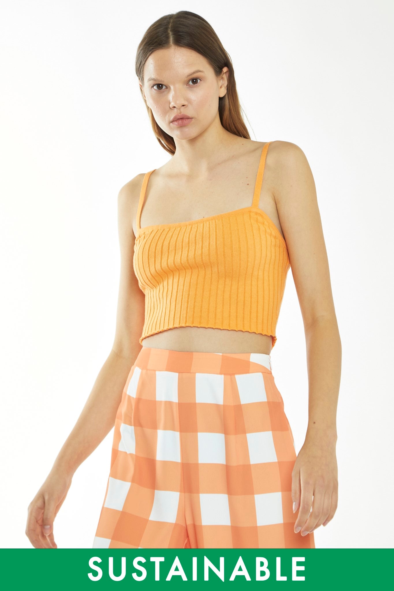 Pastel-Orange Rib Knit Cami Crop-Top
