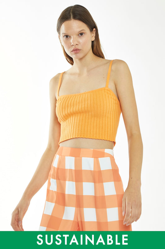 Pastel-Orange Rib Knit Cami Crop-Top