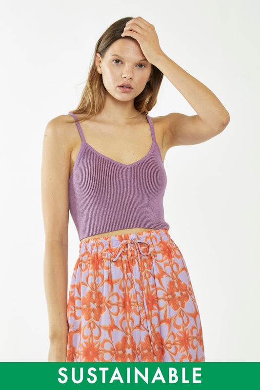 Lilac-Brown Rib Knit Crop Top