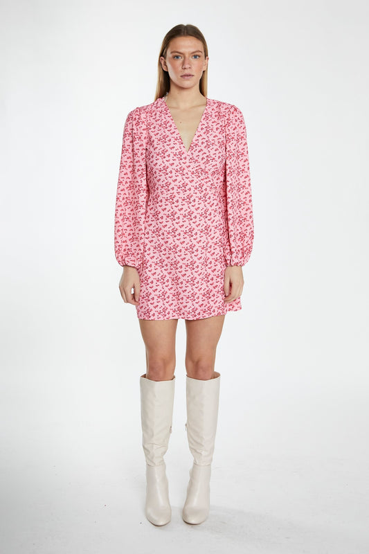 Raspberry Ditsy V-Neck Wrap Mini Dress