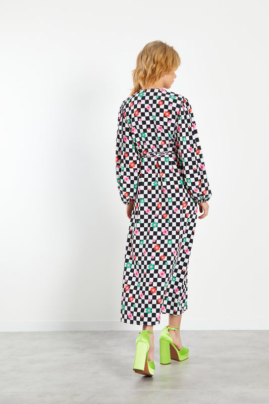 Glamorous Checkboard Flower Long Sleeve Wrap Midi Dress