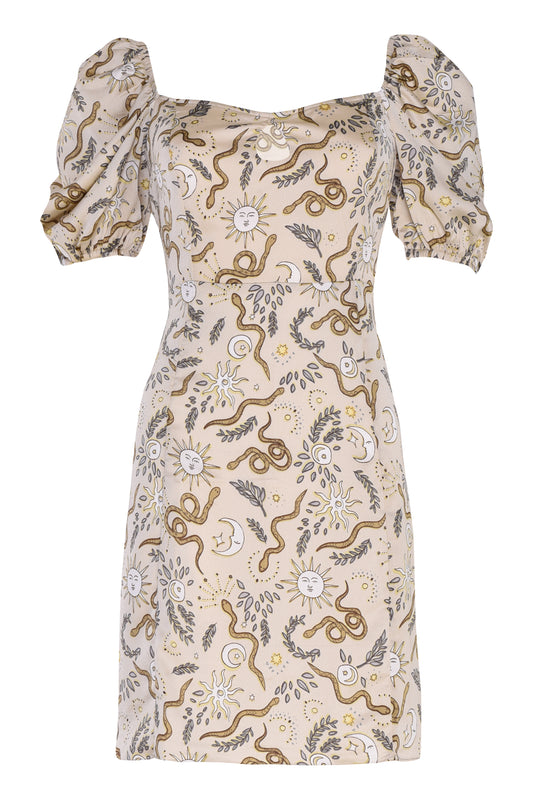 Glamorous Stone Sun Moon Pattern Square Neck Mini Dress