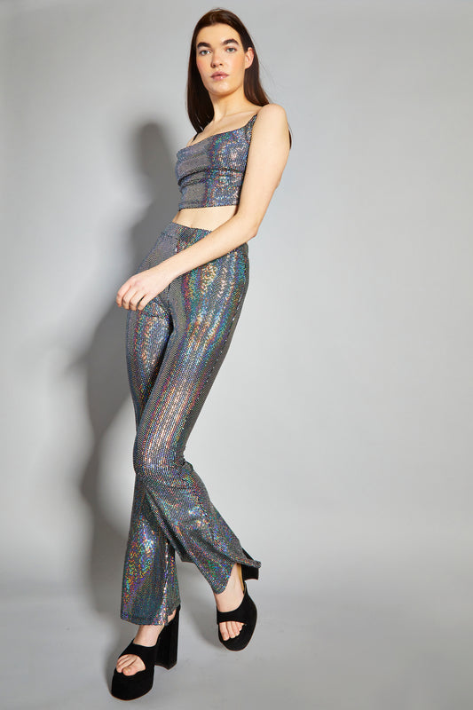 Glamorous Silver Holographic High Waisted Flared Trousers