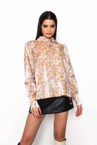 Glamorous Pink Gold Multi Floral Voluminous Fit Blouse with Neck & Sleeve Ruffle Detailing