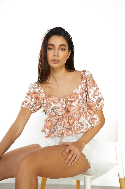 Glamorous Multi Sunflower Sweetheart Neckline Peplum Top