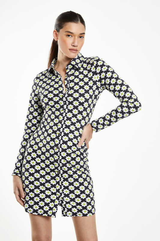 Glamorous Sixties Flower Jersey Long Sleeve Bodycon Dress with Collar