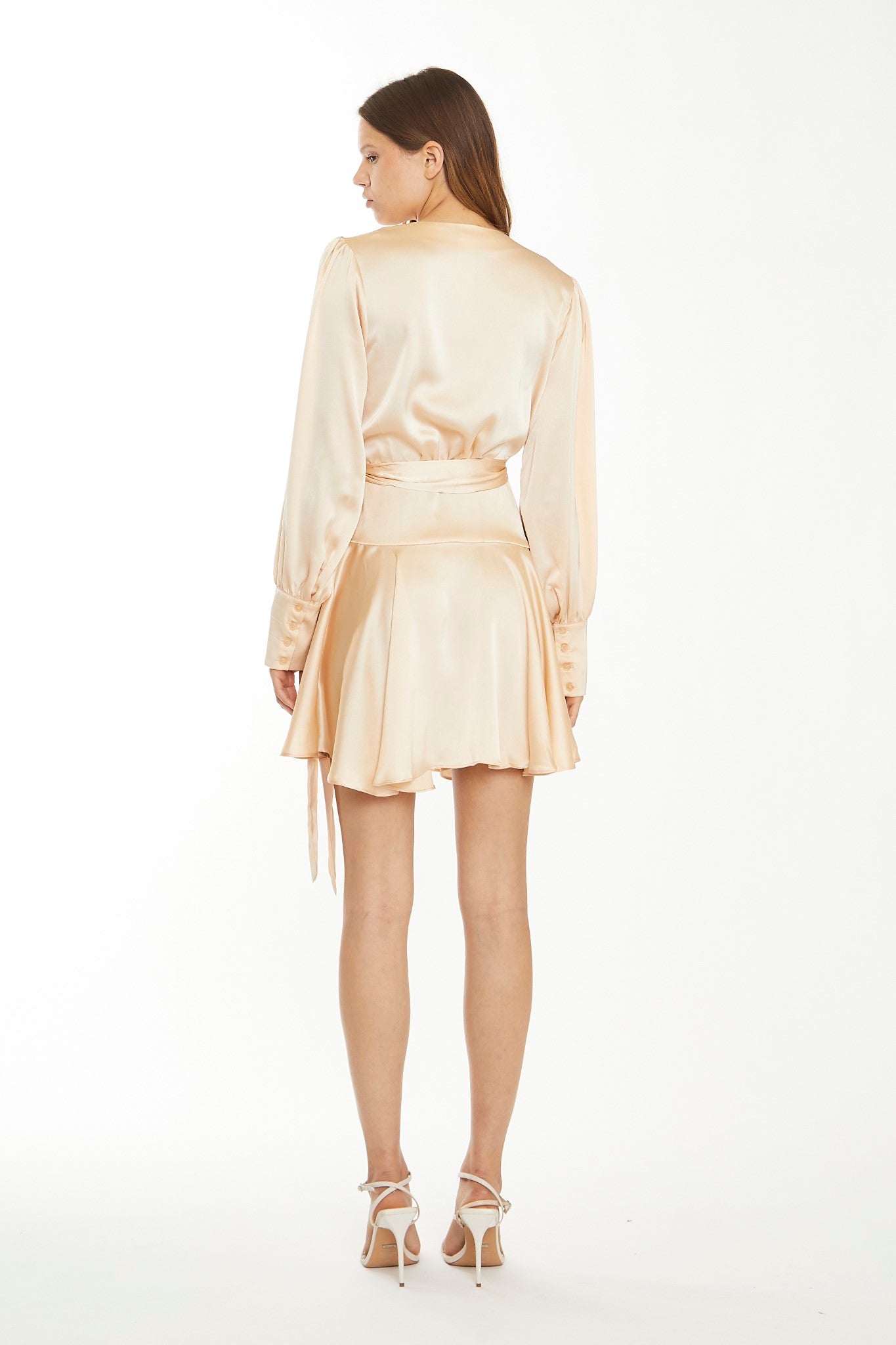 Peach Champagne Satin Wrap Mini-Dress