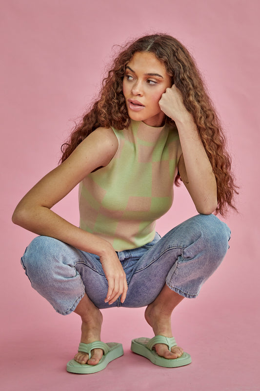 Glamorous Lily Green Stone High Neck Intarsia Tank Top