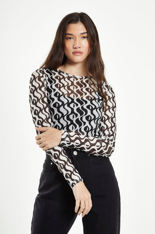 Glamorous Wavy Mono Mesh Long Sleeve Top