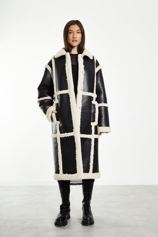 Glamorous Black Cream Long Shearling Seamed Coat with Collar