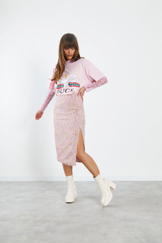 Glamorous Pink Multi Tweed Midi Skirt with Side Split