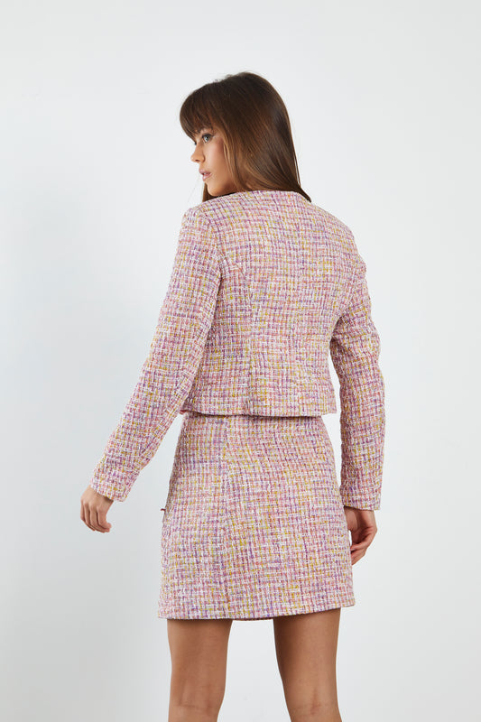 Glamorous Pink Multi Tweed White Jacket with Contrast Trim Pockets