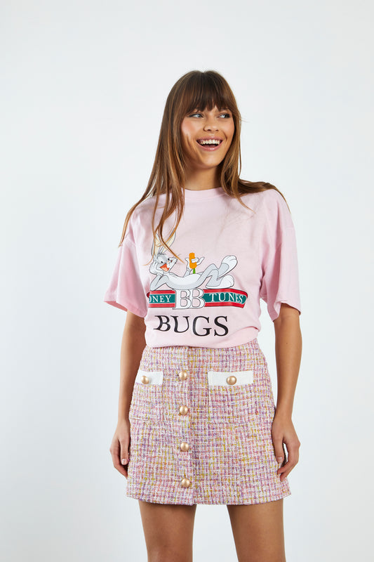 Glamorous Pink Multi Tweed White High Waisted Mini Skirt with Contrast Pockets