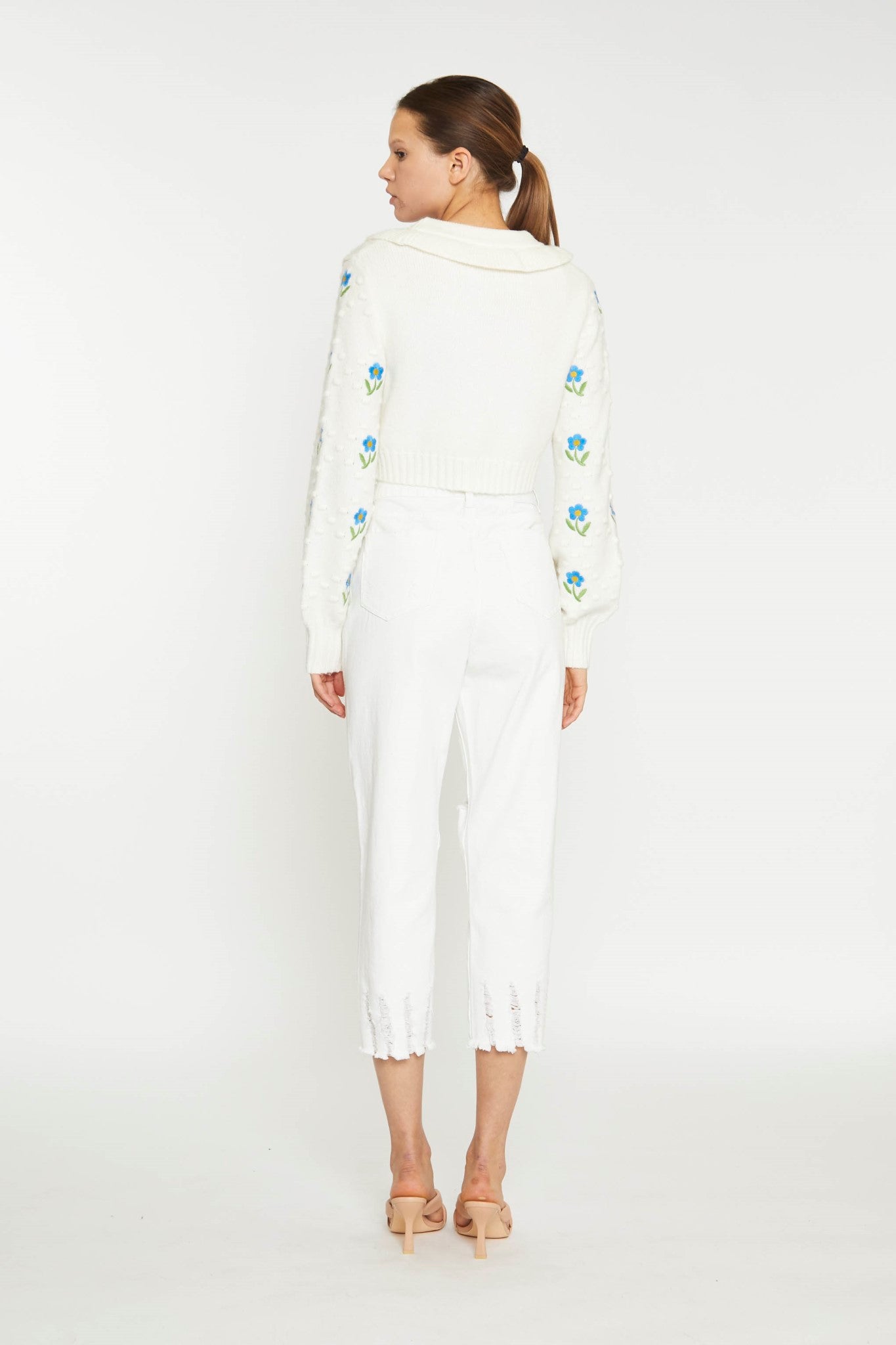 Cream Cropped Floral Embroidered Cardigan