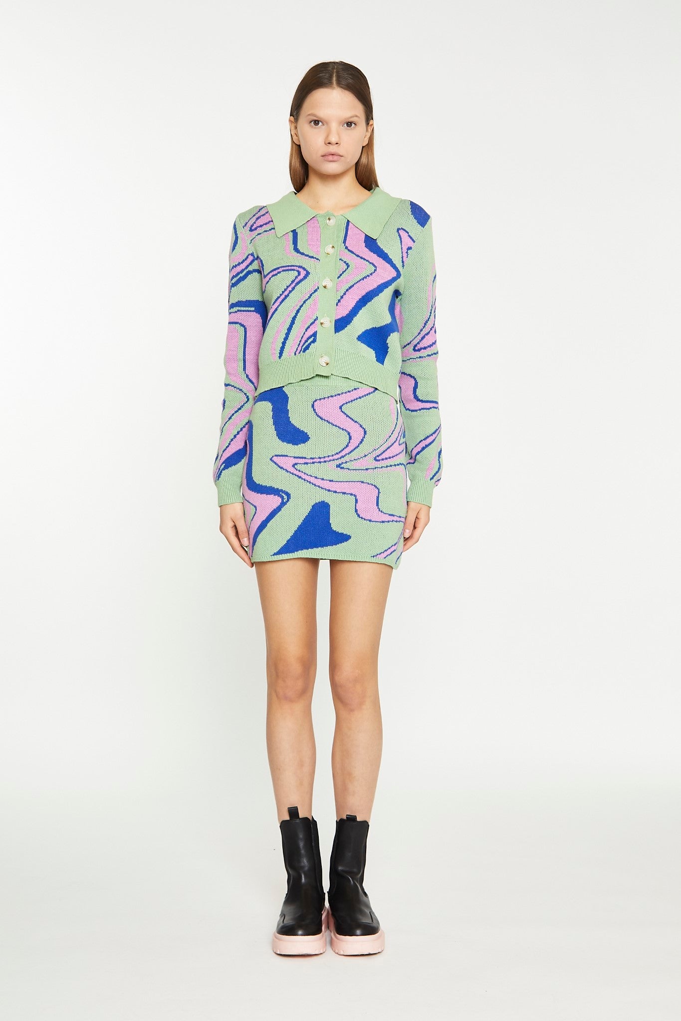 Marble Intarsia Cropped Cardigan