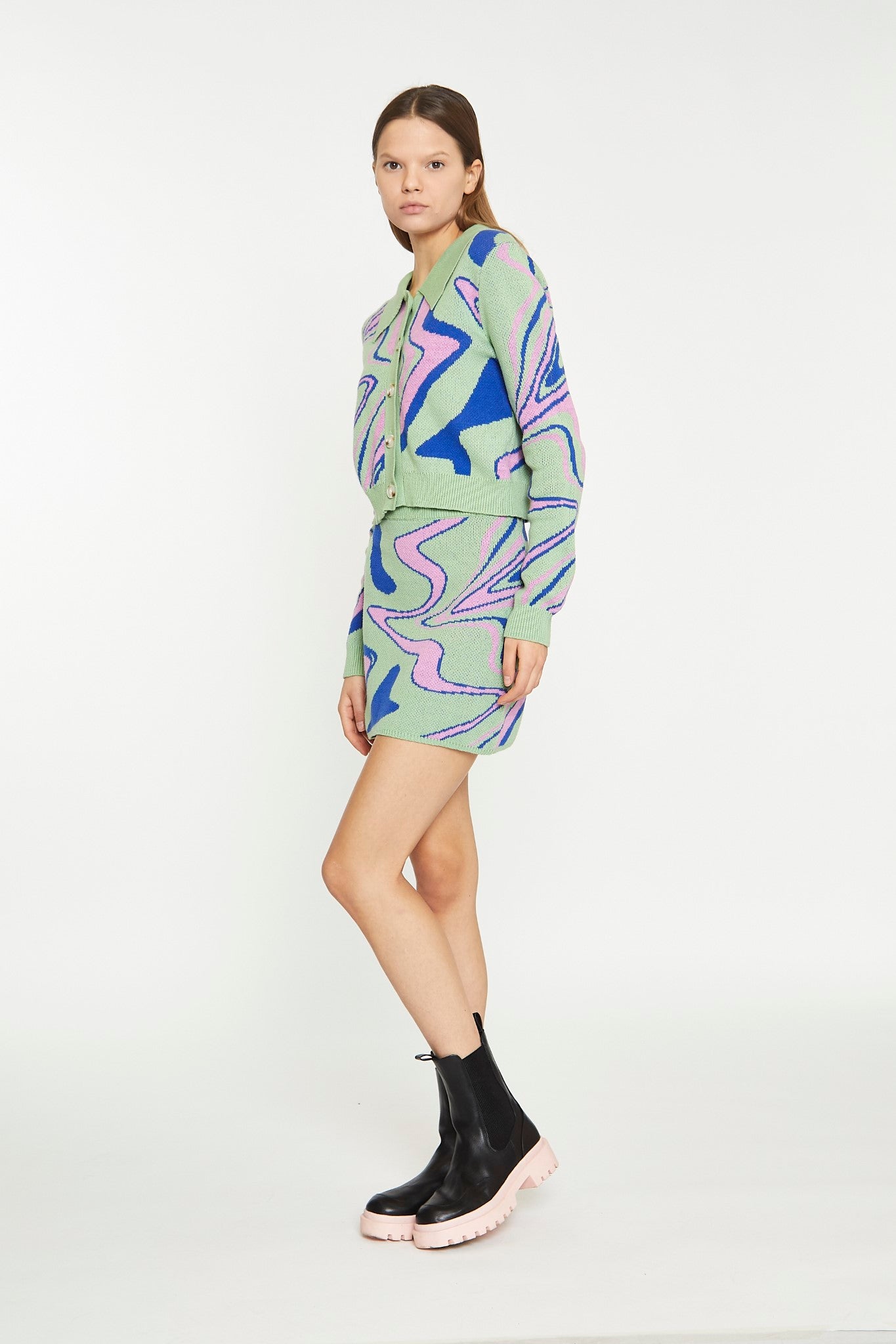 Marble Intarsia Cropped Cardigan