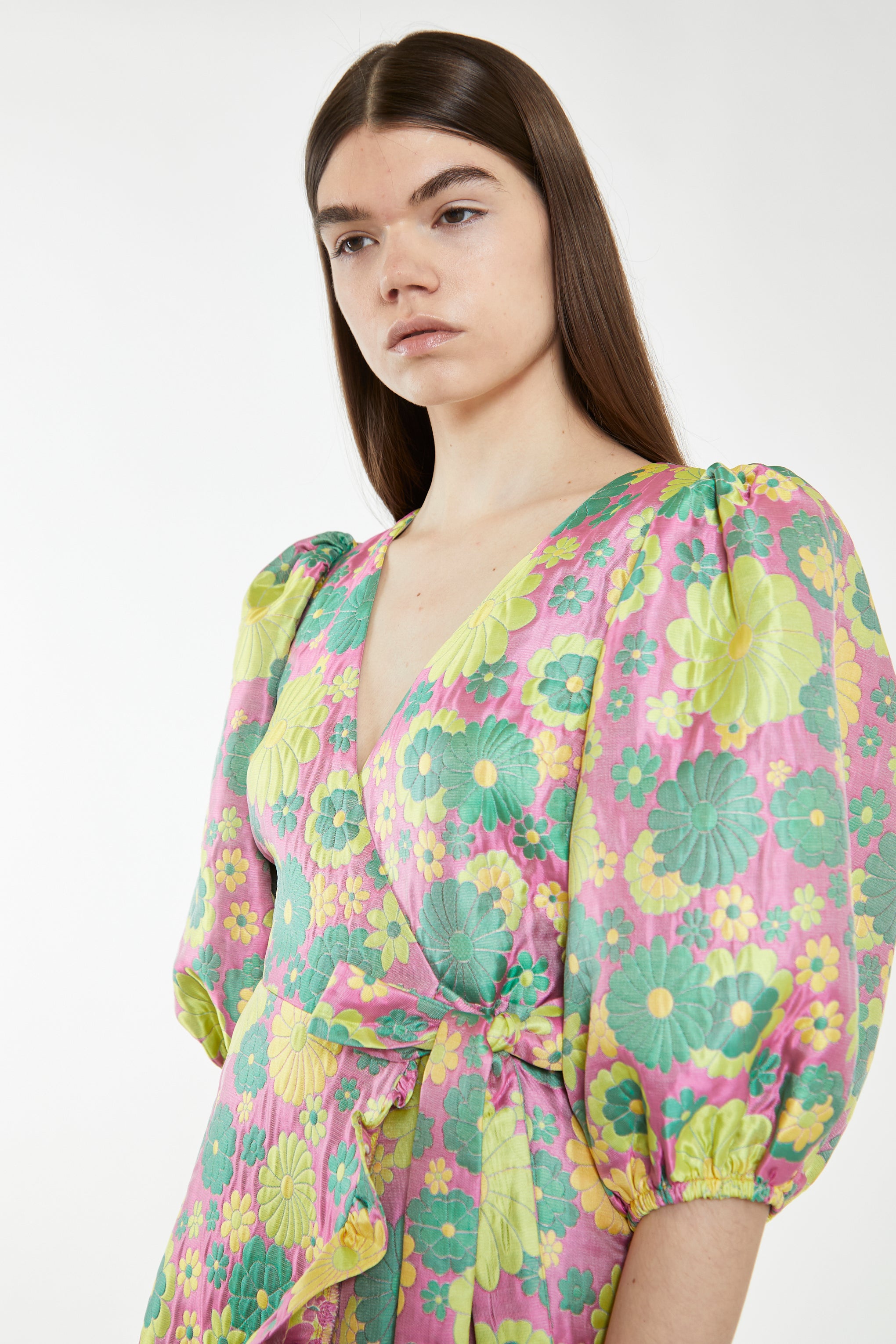 Pink-60s-Flower-Jacquard Wrap Mini Dress