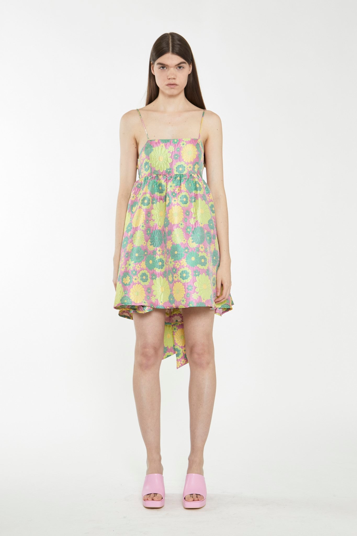 Pink-60s-Flower-Jacquard Tie Detail Mini Dress