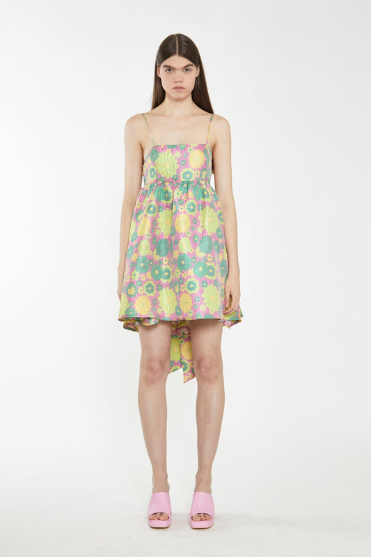 Pink-60s-Flower-Jacquard Tie Detail Mini Dress