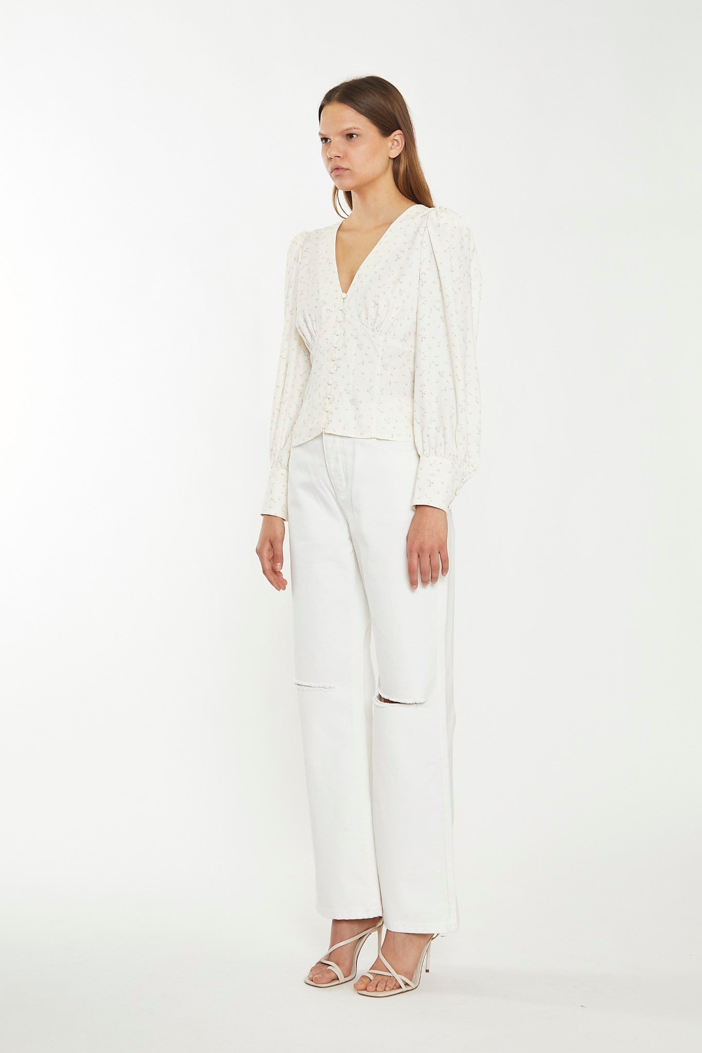 Off White Straight-Leg Ripped Jeans