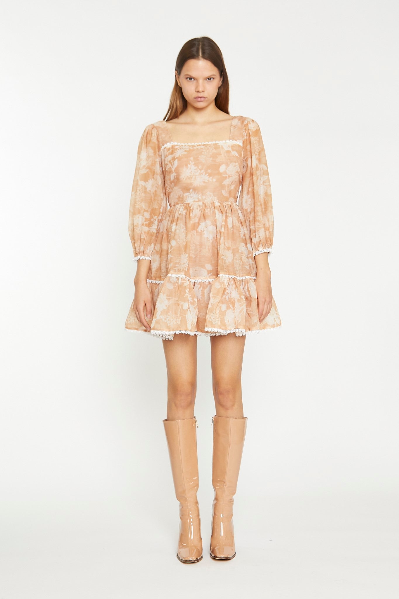 Tan White Floral Tiered Mini-Dress