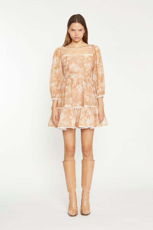 Tan White Floral Tiered Mini-Dress