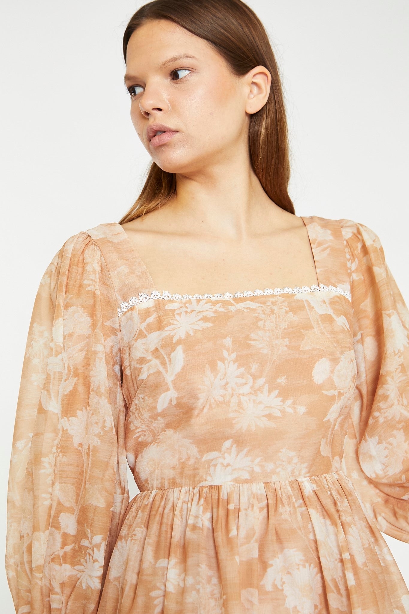 Tan White Floral Tiered Mini-Dress