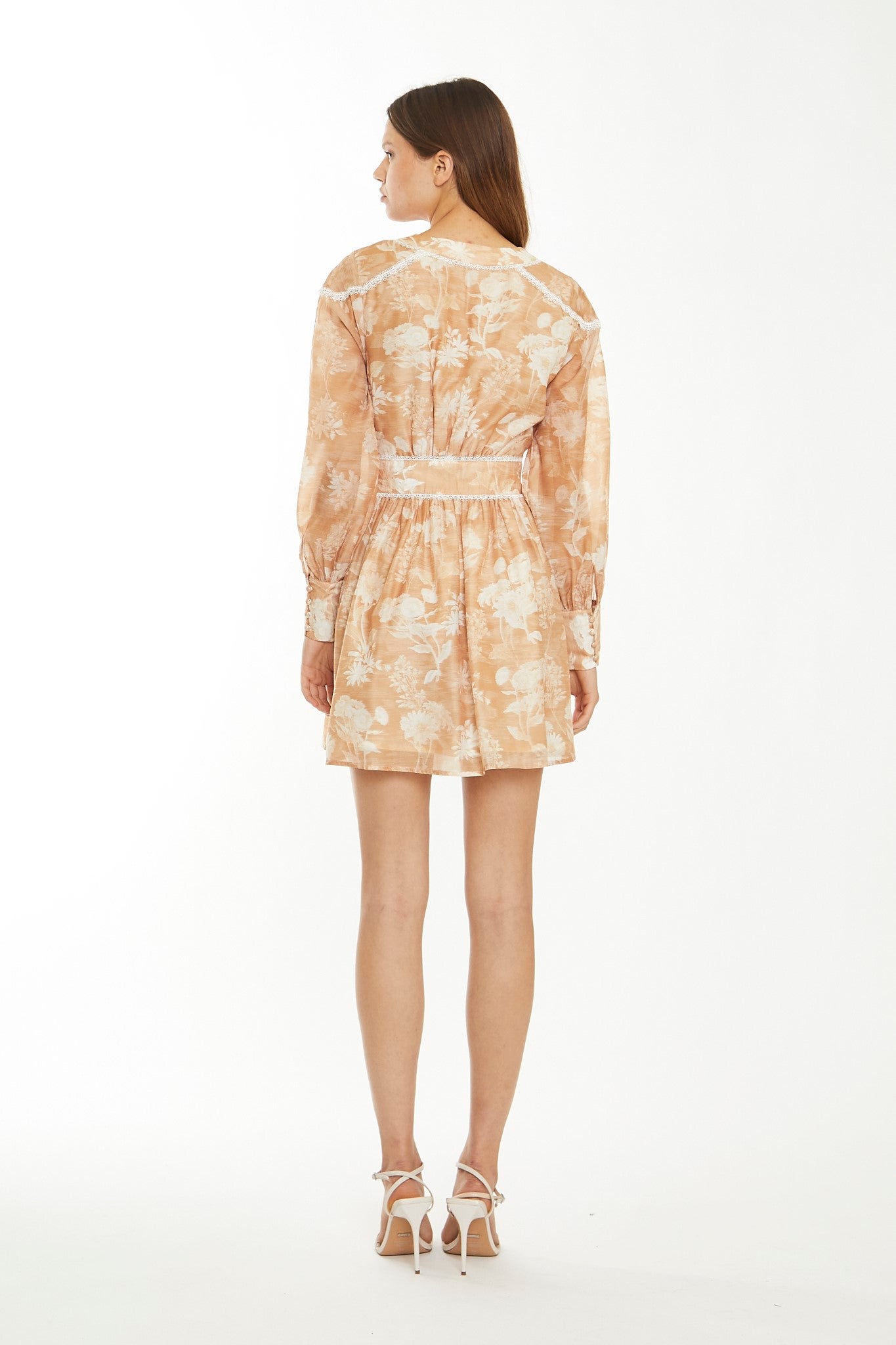 Tan White Floral Button-Through Mini-Dress